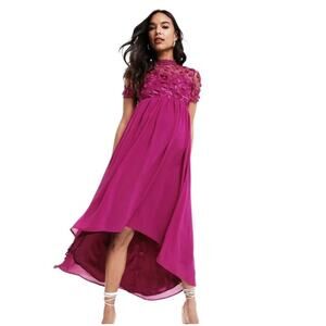 NWT Chi Chi London Maternity Andrica Pink Floral Applique High Low Dress